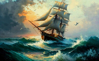 Sailing ship at sea. Oil painting picture - obrazy, fototapety, plakaty