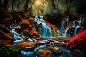 magic fountain in the forest - obrazy, fototapety, plakaty