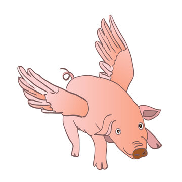 Icon flying pink pig isolated on white background. Vector illustration drawn style.