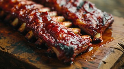 Succulent barbecued ribs with a glossy sauce on a wooden board, close-up. - obrazy, fototapety, plakaty