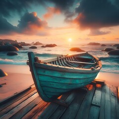 AI generated illustration of a blue wooden boat is moored on a wooden boardwalk at sunset - obrazy, fototapety, plakaty