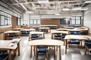 Fototapeta na wymiar interior school room design with best ceiling and luxurious table and chair with ceiling lights and tube lights in the school room with luxurious desk and chair with big lcd in the room 