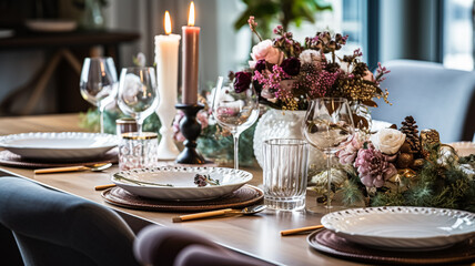Fototapeta premium Holiday dinner at home, table decor