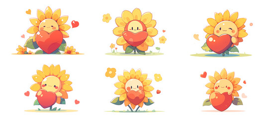 cute sunflower holding heart cartoon characters. generative ai