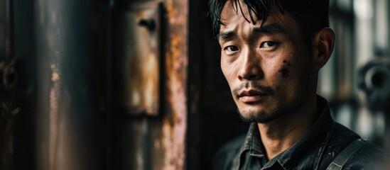 Gloomy Asian male worker. - obrazy, fototapety, plakaty