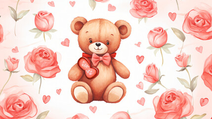 Seamless pattern with teddy bear and rose