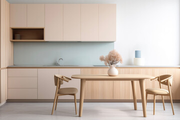 Fototapeta na wymiar Designer bright kitchen with beige modern interior