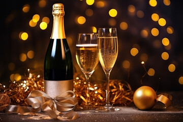 New Year's mood with a bottle of champagne and glasses in New Year's bokeh
