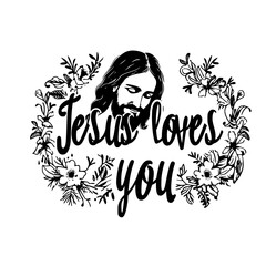 Jesus Loves You, Christ with Floral Wreath Vector