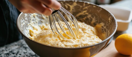 Using a hand mixer in a big bowl to combine ingredients for a lemon glaze on Easter bread kulich. - obrazy, fototapety, plakaty