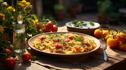 Tasty homemade pasta with tomatoes served outdoors on the table.