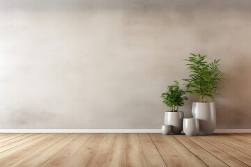 modern living room with modern concrete wall, wooden floor and plants