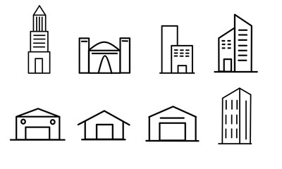 Building icon line. Warehouse, Hotel, place of worship. City, Real estate, Architecture icon building. Town house, museum. Linear set. Vector. Edit Able. 