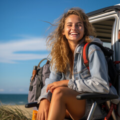 Beautiful young woman outside the camper van on a summer day