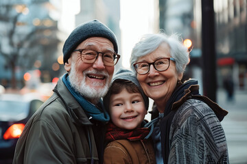 Family happiness, elderly couple and grandson outdoors, smiles and laughter