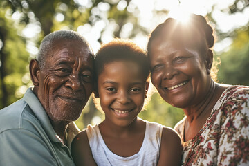 African American Grandparents and granddaughter in nature, laughter, outdoor family bonding