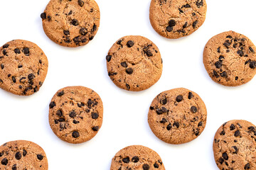 Tasty chocolate chips cookies on white background