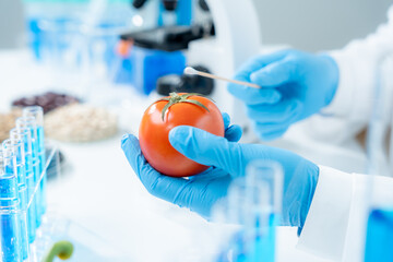 Scientist check chemical food residues in laboratory. Control experts inspect quality of fruits,...