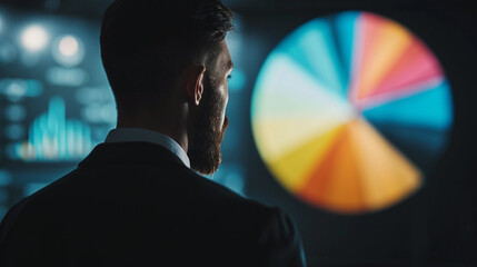 A businessman viewing a 3D pie chart displaying portfolio diversification