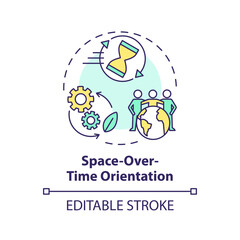 2D editable multicolor space over time orientation icon, simple isolated vector, thin line illustration representing environmental psychology.