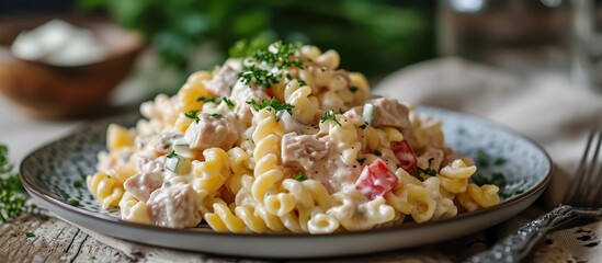 Macaroni salad made with pasta, tuna, vegetables, mayo dressing, on a plate on a table.