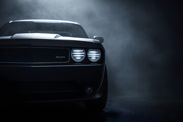 front view of a modern car with  lights on in a black space with fog - obrazy, fototapety, plakaty