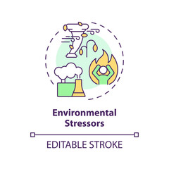 2D editable multicolor environmental stressors icon, simple isolated vector, thin line illustration representing environmental psychology.