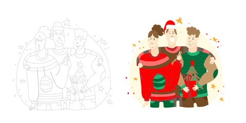 Vector New Year  set illustration in flat style with happy people in New Year sweaters taking pictures. New Year flat illustration 2024.
