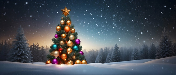Christmas Trees with illuminated Balls and Star on Top, in Snowy Night Landscape, with Blurred Background and Bokeh