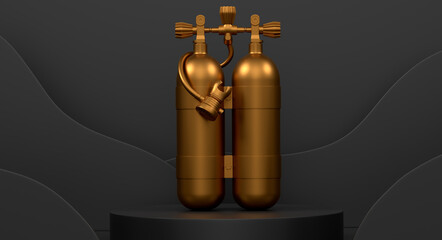 Diving tank for snorkeling on cylinder podium with step on monochrome