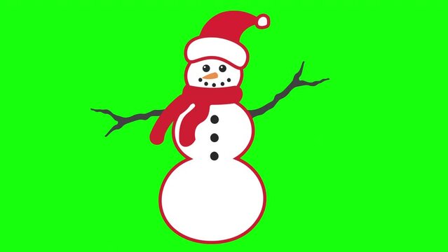 Animated Cute Snowman Loop Xmas  Motion Character animation Isolated on green Chroma Key screen Winter 4K background animation Christmas and New Year Design Element Snowman Wearing Hat and Scarf