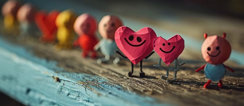 Tiny paper smileys holding heart figure, celebrating Valentine's Day. Isolated.