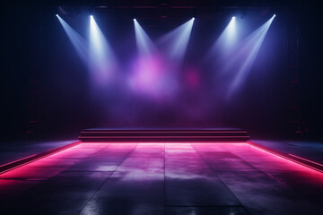 The dark stage shows, empty dark blue, purple, pink background, neon light, spotlights, The asphalt floor and studio room with smoke float up the interior texture for display products - obrazy, fototapety, plakaty
