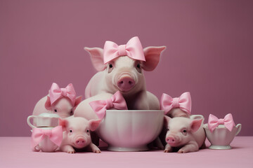 Mother pig with piglets, all wearing bows.Minimal creative nature and fashion concept.Cute pink barbie style.Love animals,fashion style.Generative AI