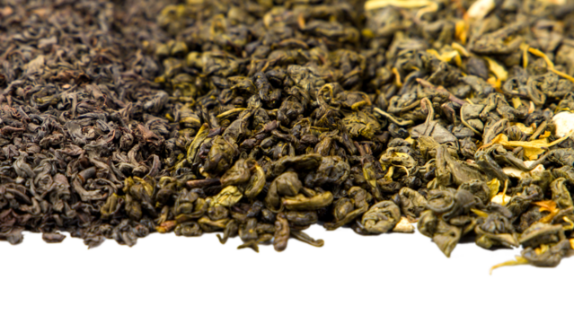 
Different types of dry green and black tea, selective focus.