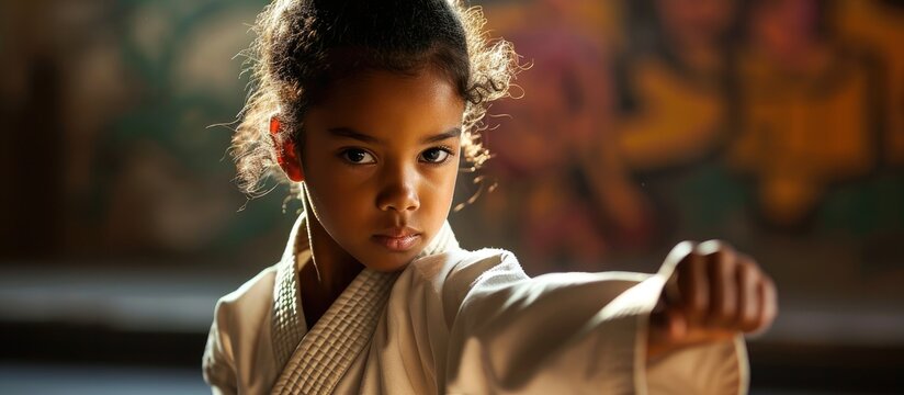 Black-belted karate prodigy at the studio.