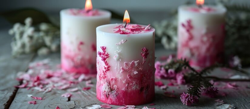 Custom handmade pink and white candles for a girl's baby shower baptism, with a floral pattern. Small party favors including natural soy candles, artisan presents, and DIY souvenir ideas.