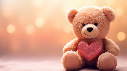 Fototapeta premium Close-up of a teddy bear with a heart-shaped against a soft, blurred background Ai Generative