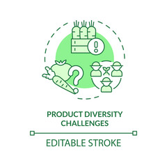 2D editable green product diversity challenges icon, monochromatic isolated vector, thin line illustration representing agricultural clusters.