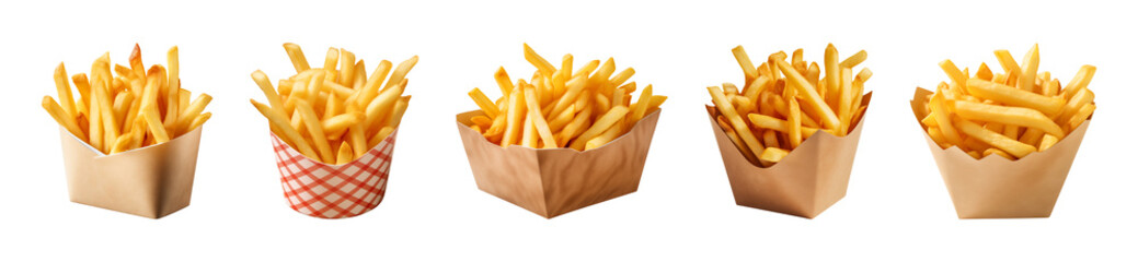 Collection of french fries in a paper box isolated on a transparent background - obrazy, fototapety, plakaty