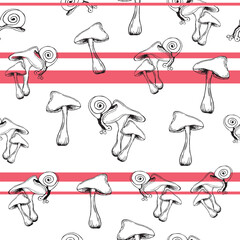 Seamless pattern of edible mushrooms with leaves and snail on forest hat in the style of sketch on striped background.