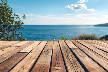 a rustic wooden deck  over sea in moutains