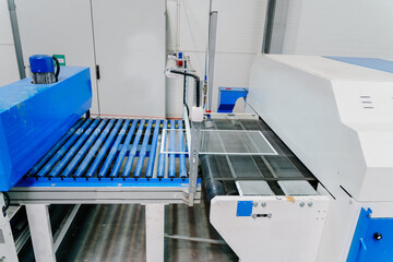 Conveyor production of large sheets of cut glass. Cutting, washing, framing, tempering of glass by...