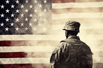 Patriotic Soldier Silhouette Against American Flag