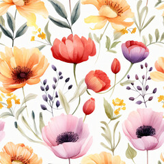 Seamless pattern of Asian flowers, watercolor, Wrapping paper pattern