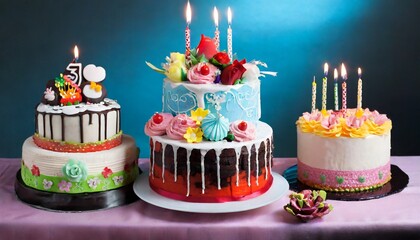 Different designs of birthday cakes are decorated