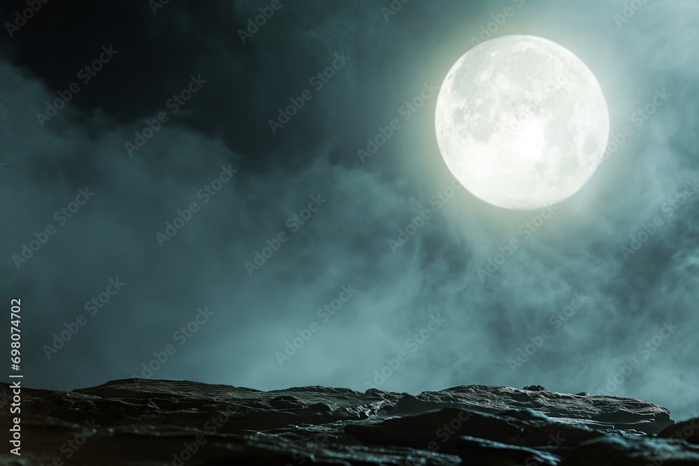 Wall mural large full moon - halloween concept - full moon casting it's moonlight on a empty stone cliff - with