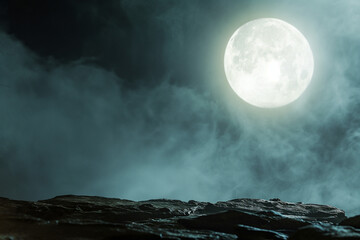 Large full moon - Halloween concept - Full moon casting it's moonlight on a empty stone cliff - with empty space for text - Spooky horror night scene - ethereal mist - foggy and smokey 