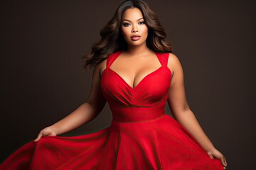 plus size black woman in red dress - obrazy, fototapety, plakaty