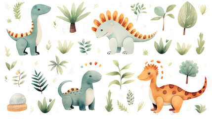 Estores personalizados con tu foto Watercolor cute Dino set with trees, plants, and other elements on a white background.